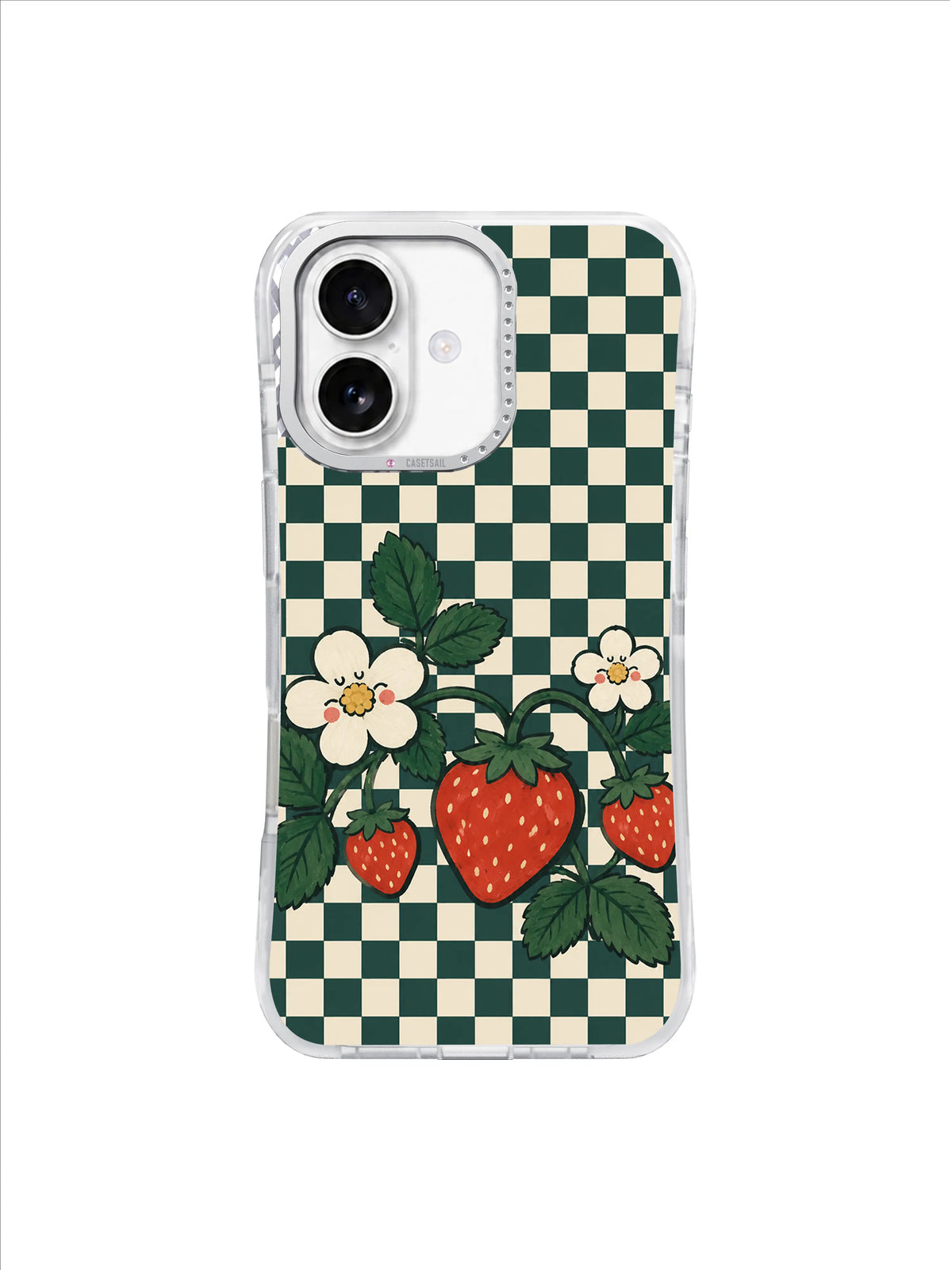 Cottage Berry Welcome strawberry branch on green checkerboard iPhone 17 case