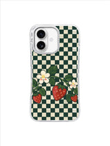 Cream Blossom Basket strawberries on forest green and ivory checkerboard iPhone 17 case