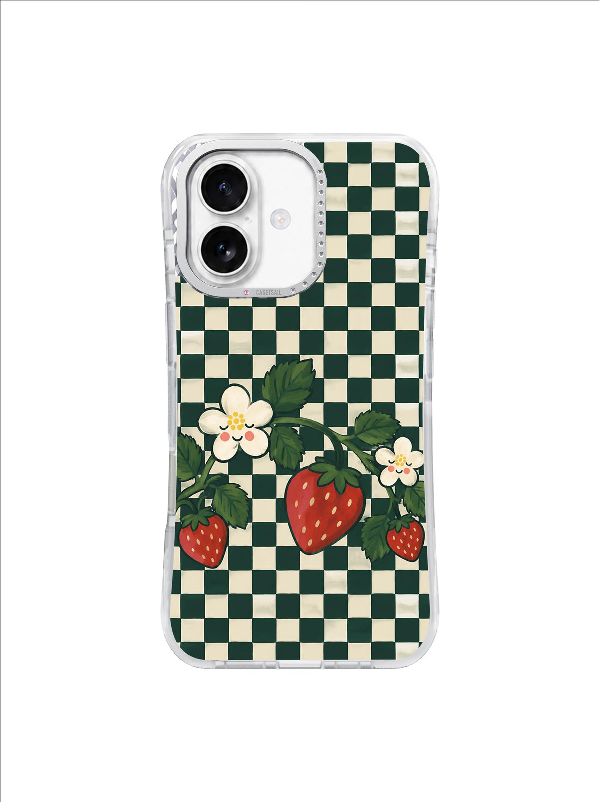 Cream Blossom Basket strawberries on forest green and ivory checkerboard iPhone 17 case