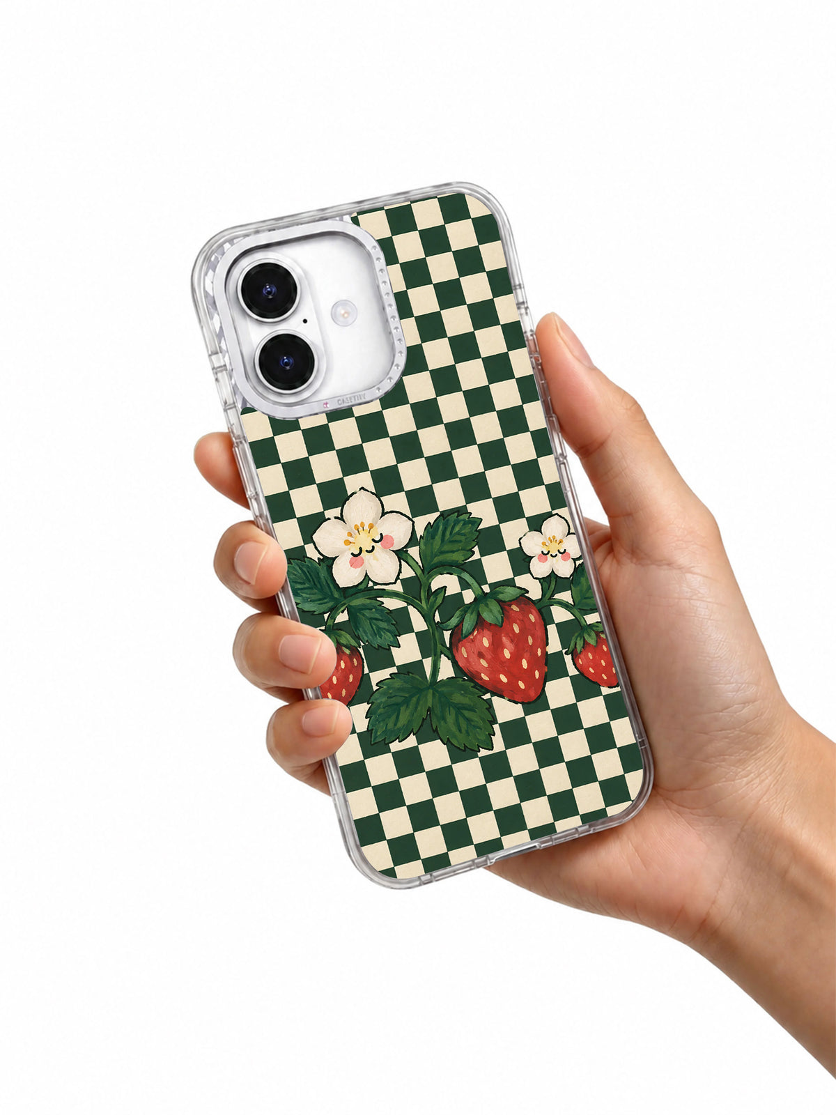 Strawberry Picnic No Appointment iPhone 17 case shown in hand