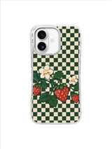 Picnic Runner Berries red strawberries and cream blossoms on green checkerboard iPhone 17 case
