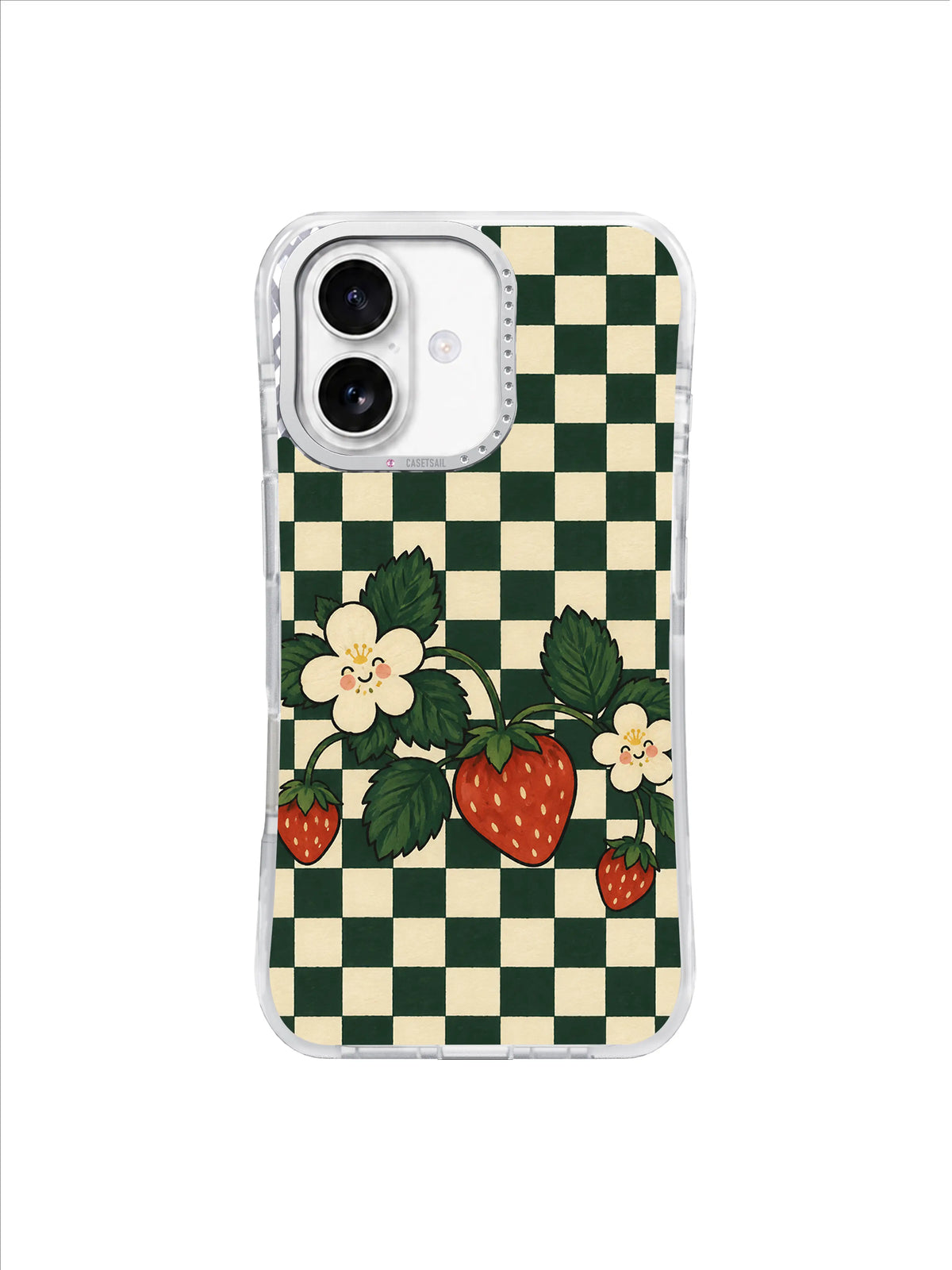 Tablecloth Bloom strawberries and cream flowers on ivory checkerboard iPhone 17 case