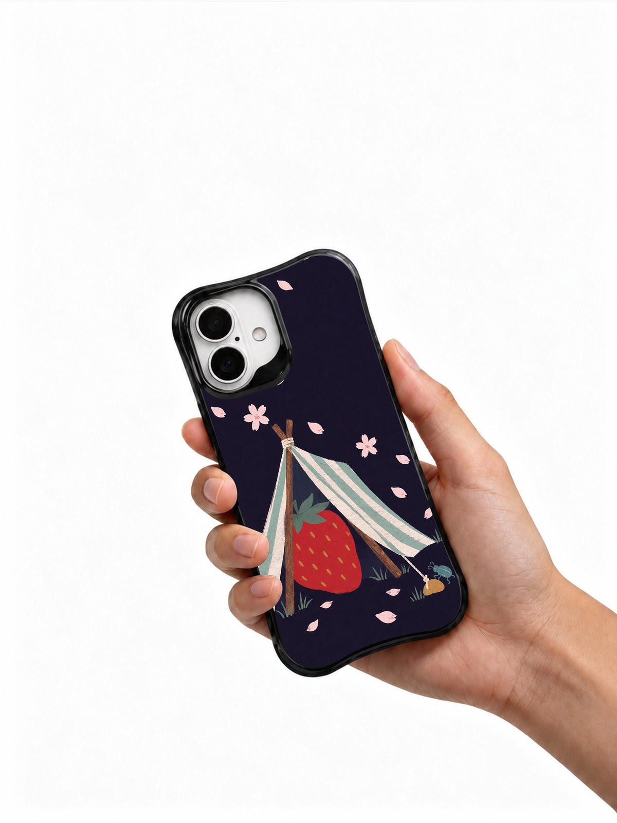 Strawberry Under Canvas iPhone 16 case held in hand