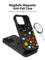 Colorful hand drawn wildflower artwork on black iPhone 15 Pro case