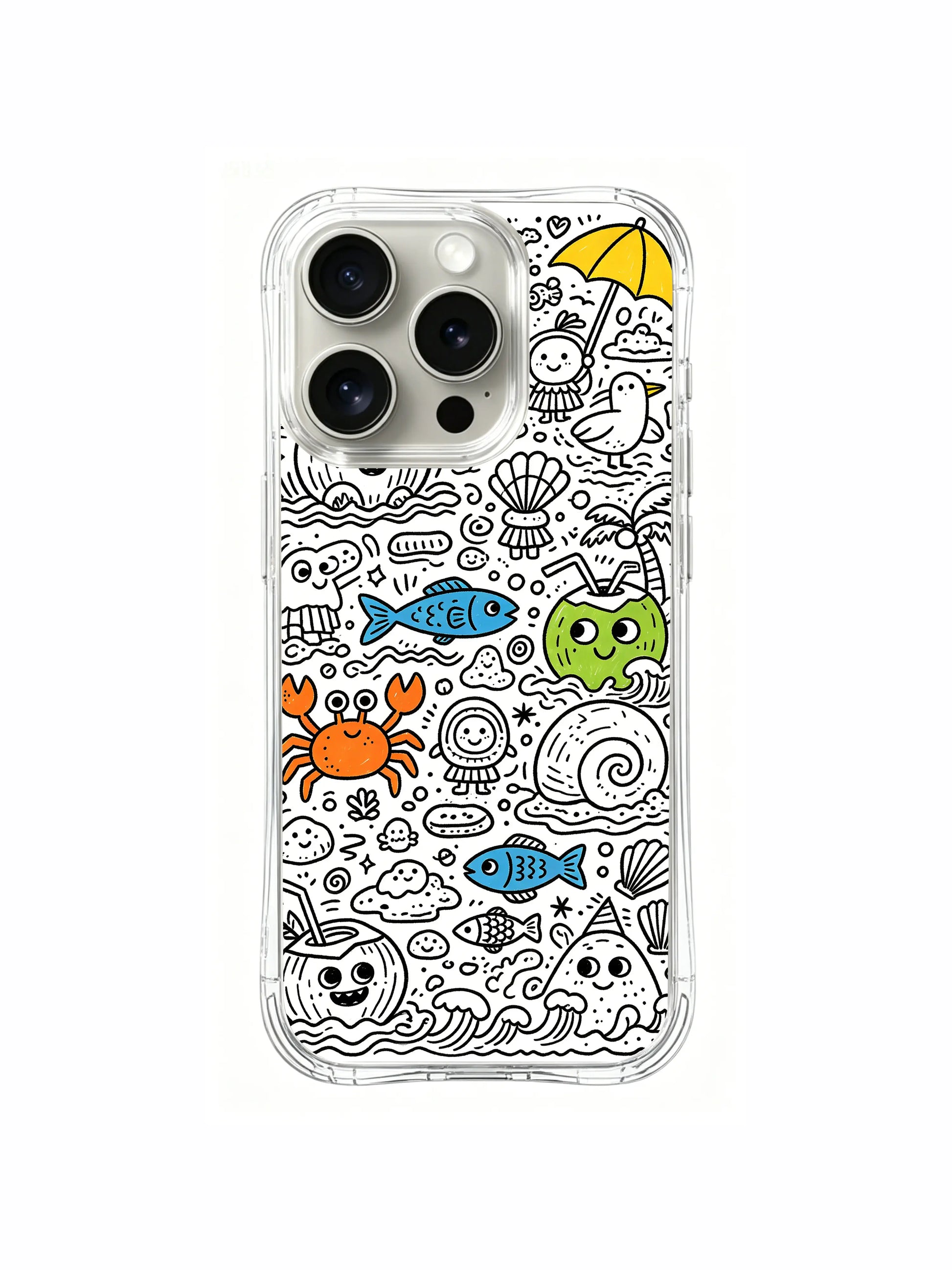 Tiny sun umbrella and wave detailed beach doodle iPhone 15 pro Case, lightweight shockproof phone casing, popular trending cartoon phone cover from PhoneCasing.