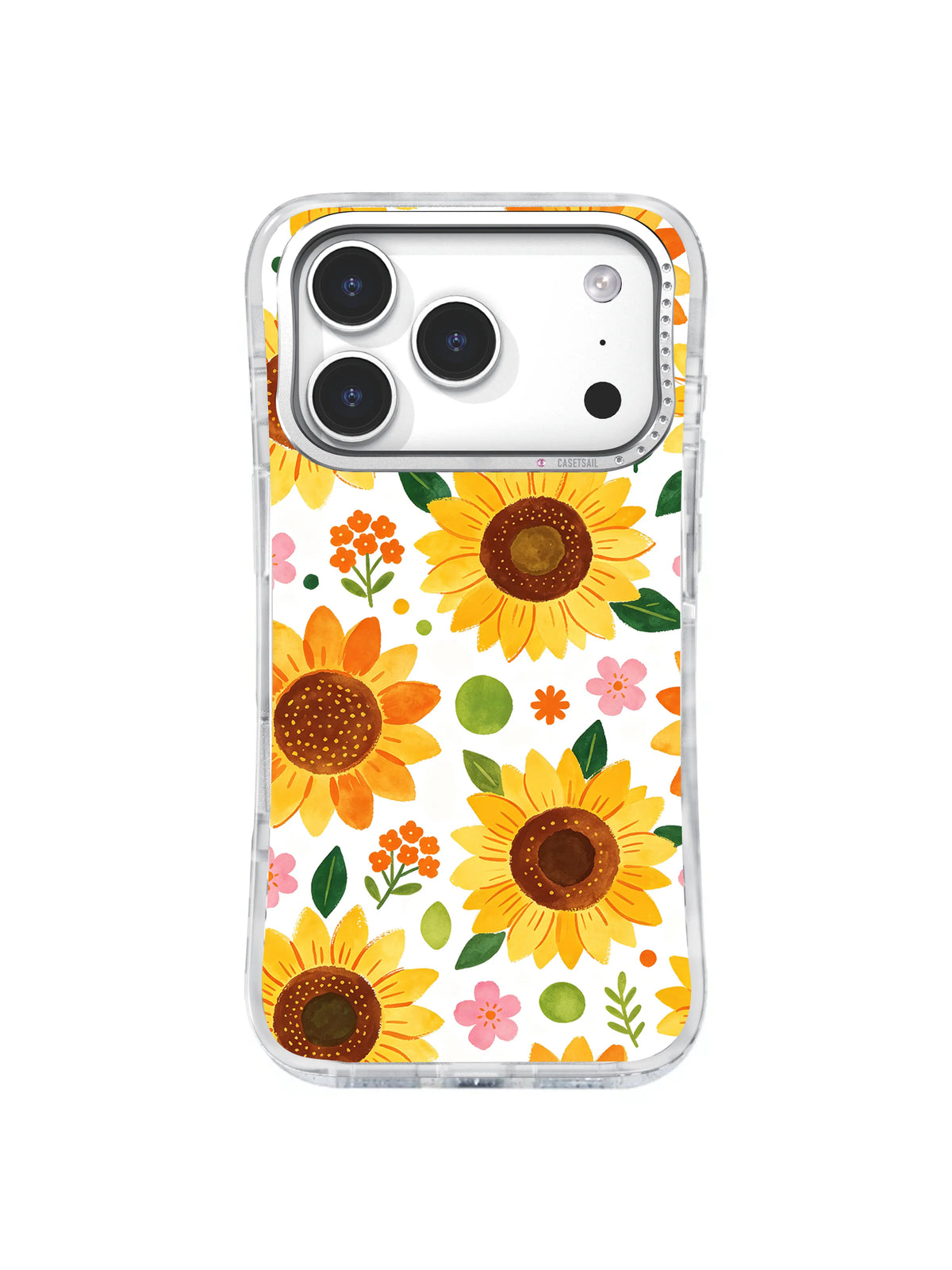 Sunflower Confetti Burst: Large sunflowers, tiny blossoms and green leaves form a bright scattered pattern.