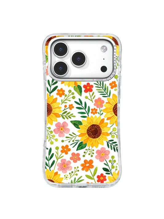 Rainbow Sunflower Meadow: Büyük sarı ayçiçekleri yeşil yapraklı turuncu, pembe ve kırmızı kır çiçekleri arasında tekrar eder.