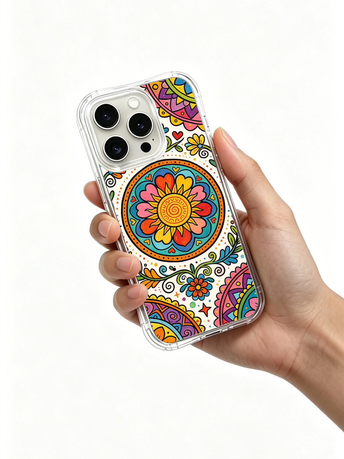 Sunflower Carnival floral iPhone 14 Pro case held in hand