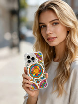 Sunflower Carnival artist-designed iPhone 14 Pro case lifestyle view