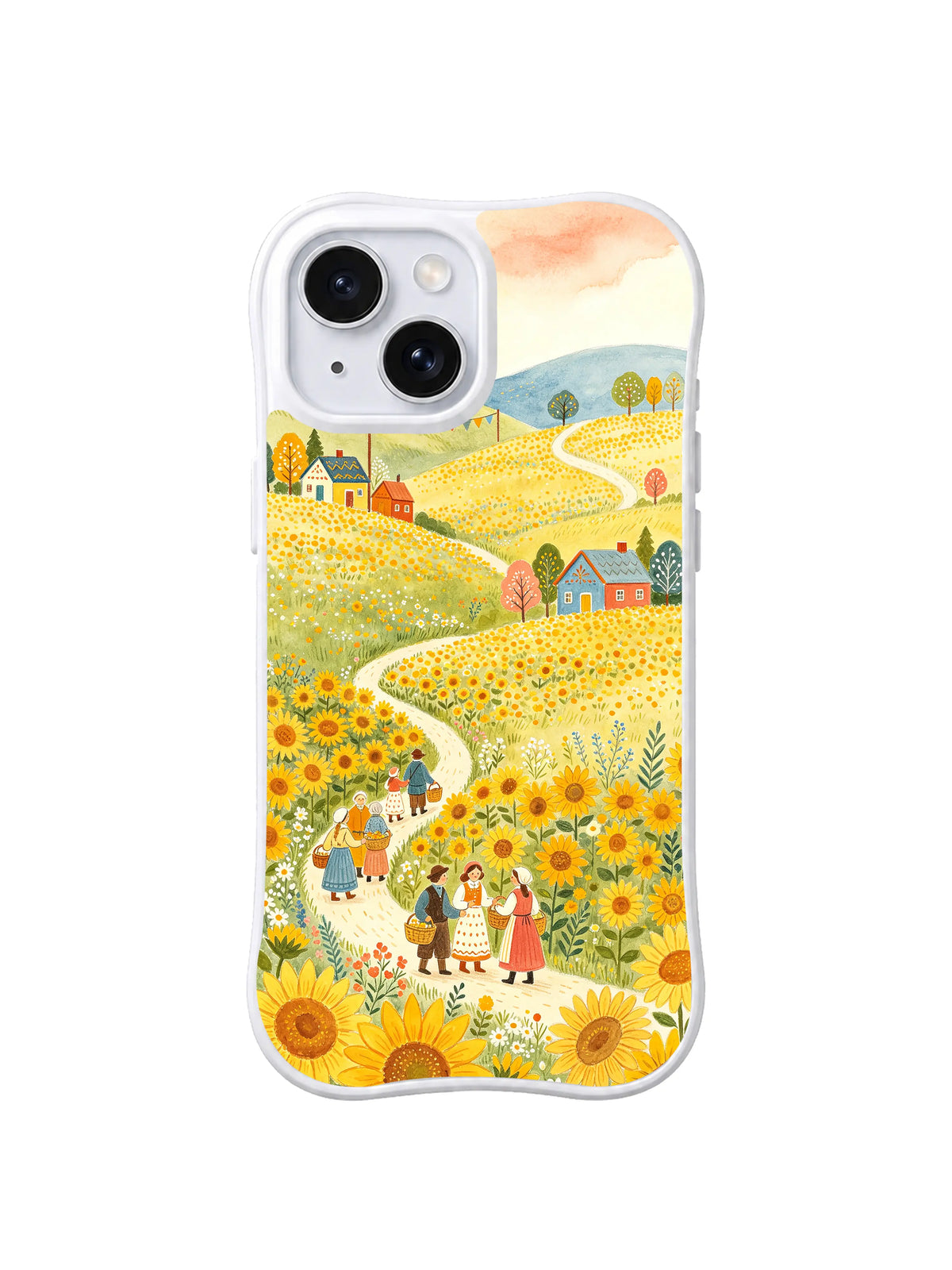 Painter's Meadow Path: İnsanlar ayçiçekleri ve kulübeler arasındaki kıvrımlı yolun yanında toplanır.