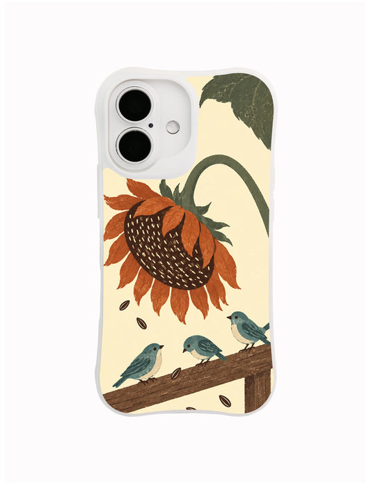 Bowed Bloom sunflower and sparrow artwork on an iPhone 16 case