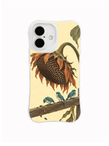 Quiet Season sunflower and sparrow artwork on an iPhone 16 case