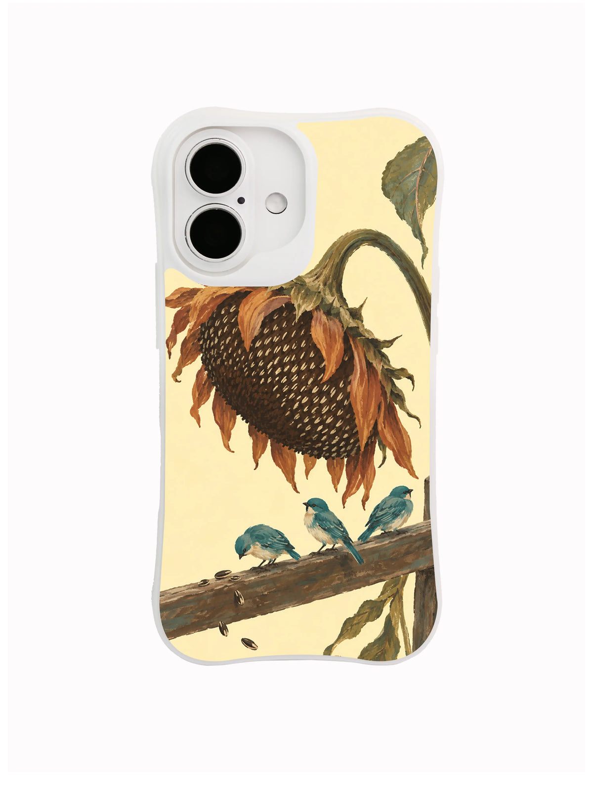 Quiet Season sunflower and sparrow artwork on an iPhone 16 case