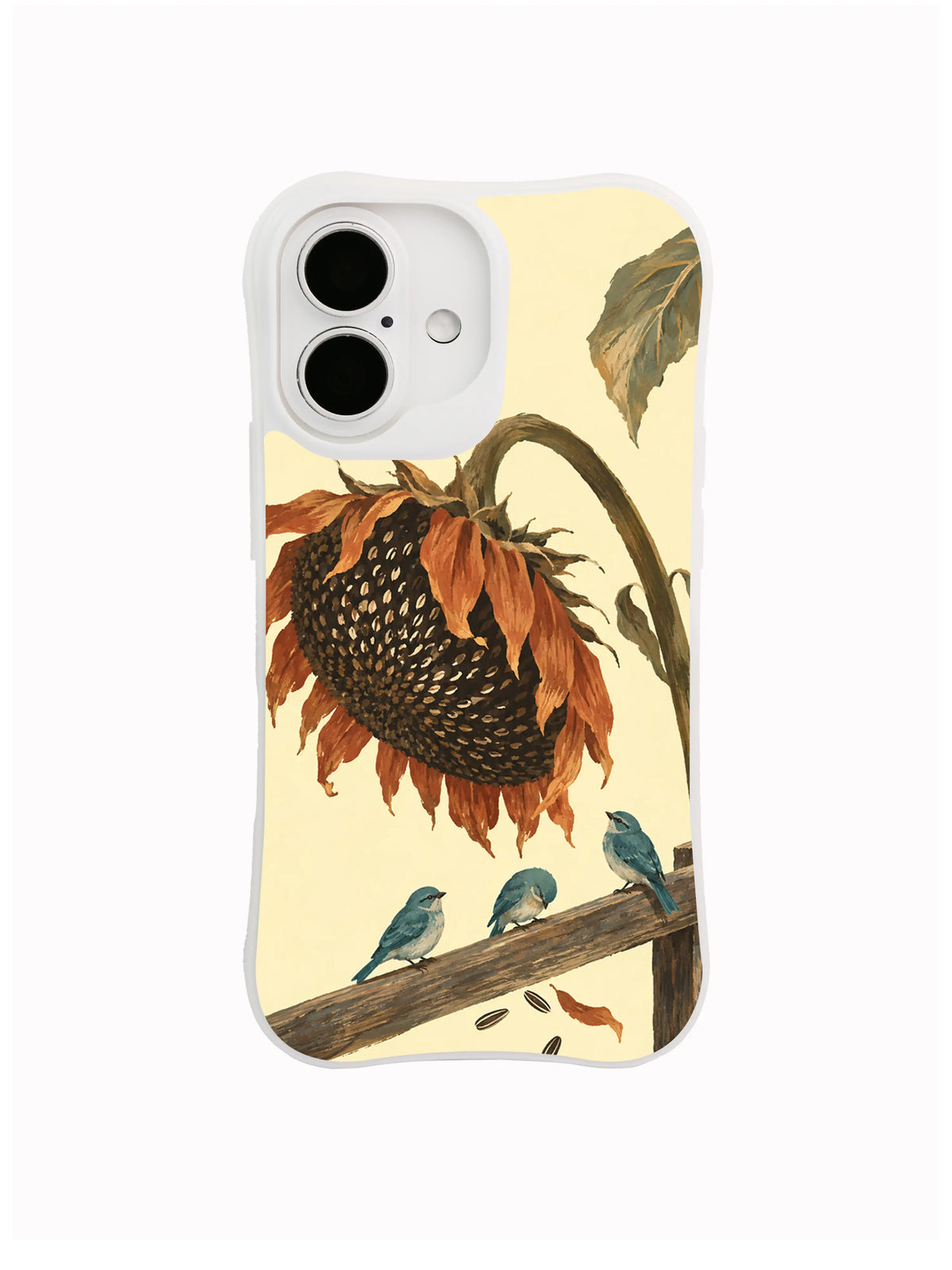 Three Sparrows beside a bowed sunflower on an iPhone 16 case