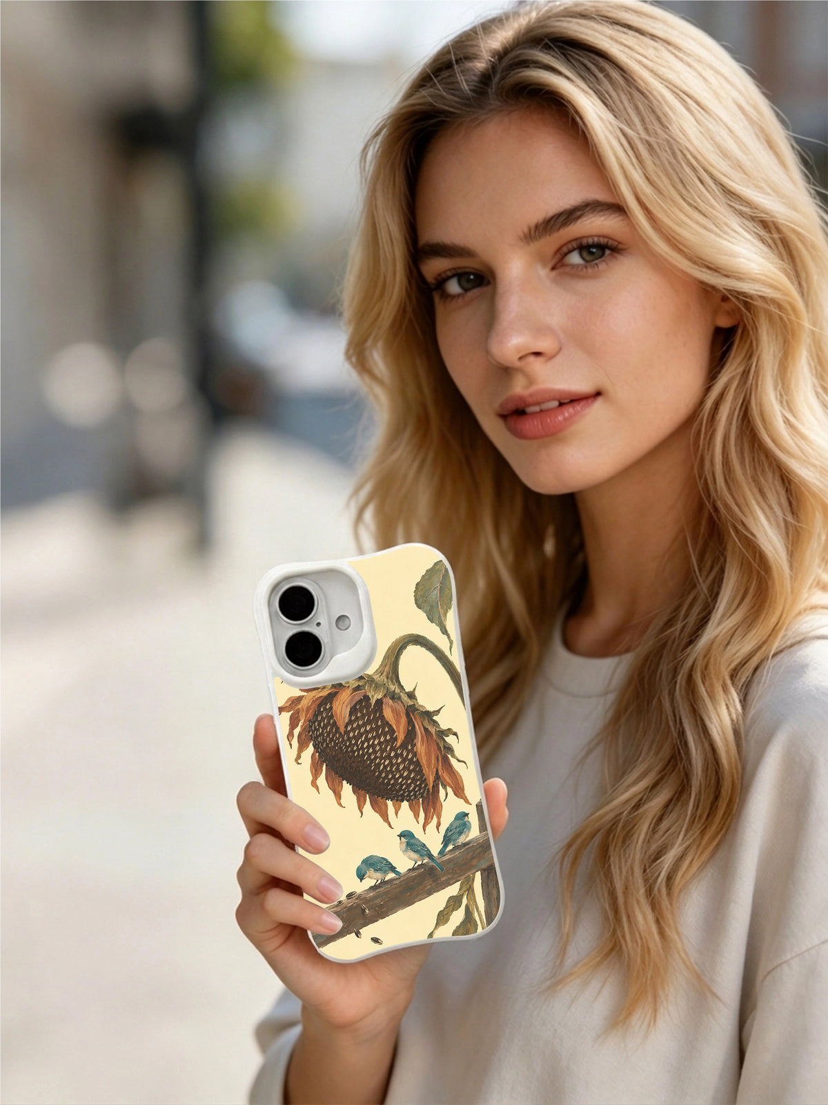 Lifestyle view of the Sunflower’s Quiet Audience iPhone 16 case