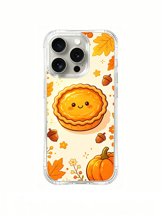 Sunlit Pie Festival: A smiling golden pie with acorns, tiny flowers, large yellow leaves and an orange pumpkin.