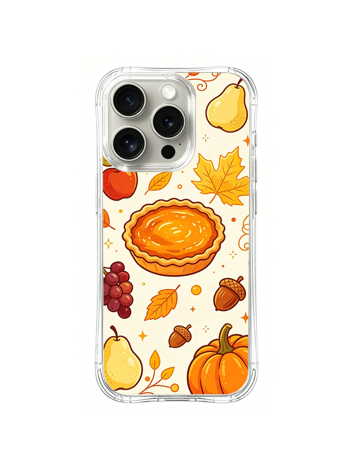 Sunlit Pie Festival / Golden Orchard Pie: A glossy-looking illustrated golden pie with pears, grapes, a pumpkin and yellow leaves.