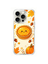 Sunlit Pie Festival / Smiling Sun Pie: A smiling golden pie with acorns, tiny flowers, large yellow leaves and an orange pumpkin.