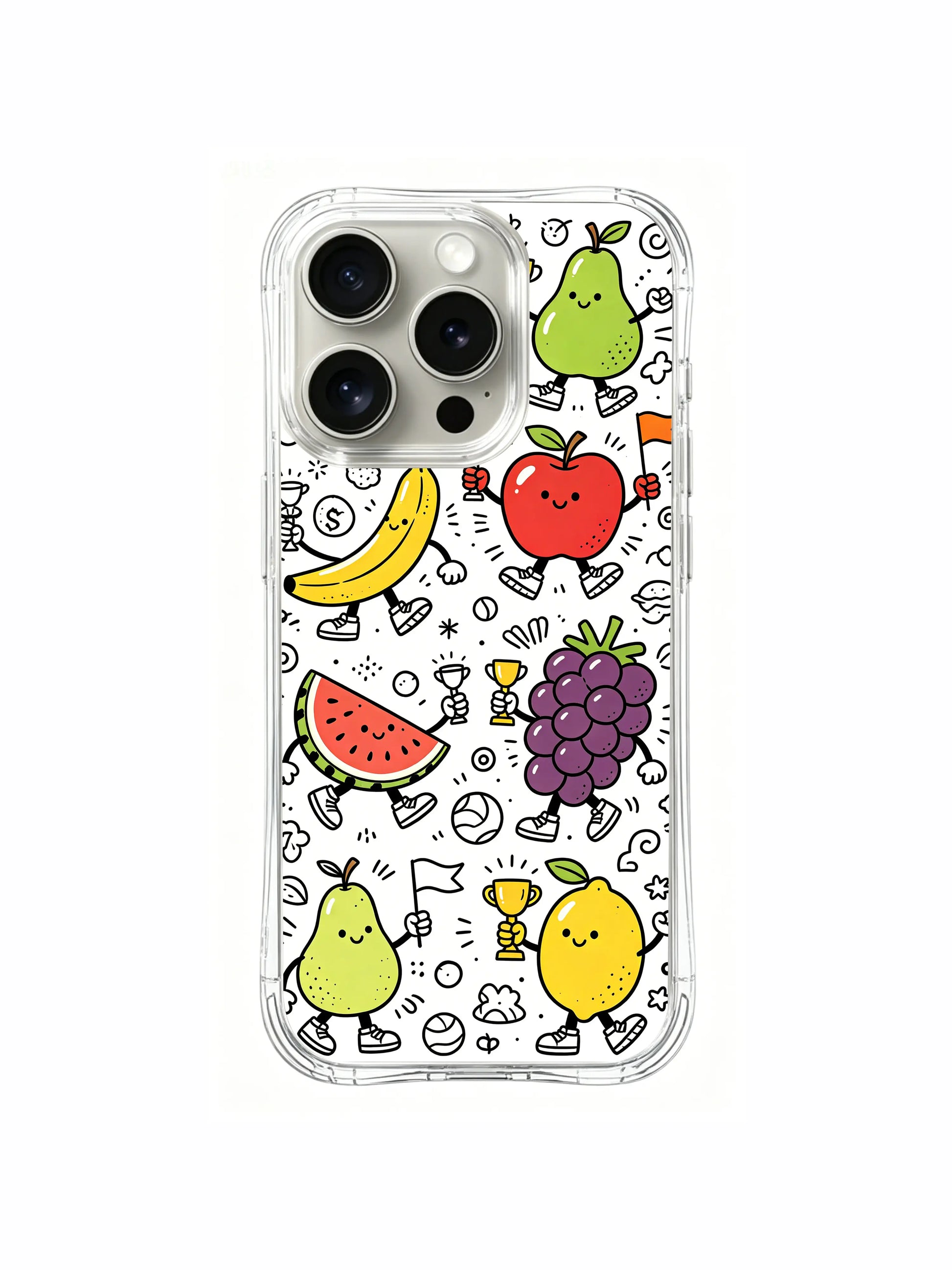 Cheerful bright fruit creature sports day hand-drawn doodle iPhone 16 pro Case, eco ink printed phone casing, popular holiday gift-style phone cover from PhoneCasing.