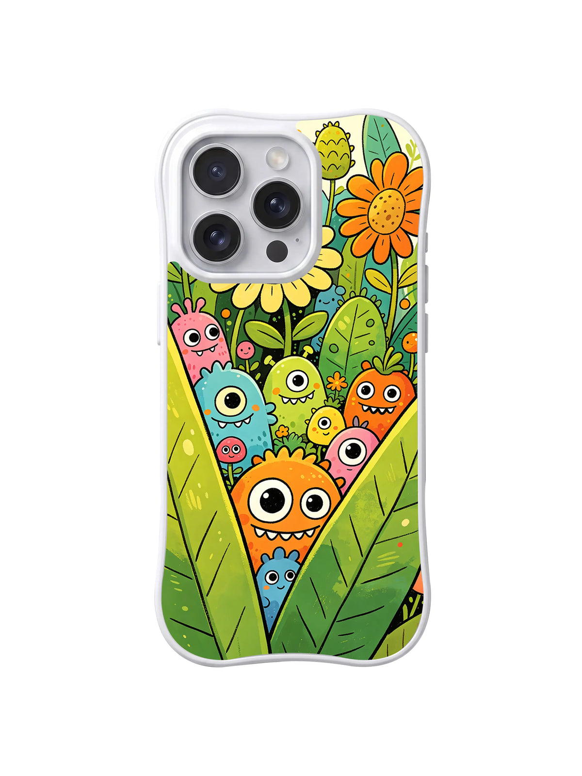 Leaf Hideaway Monsters: Renkli küçük canavarlar turuncu ve sarı çiçeklerin altındaki büyük yeşil yaprakların arasından bakar.