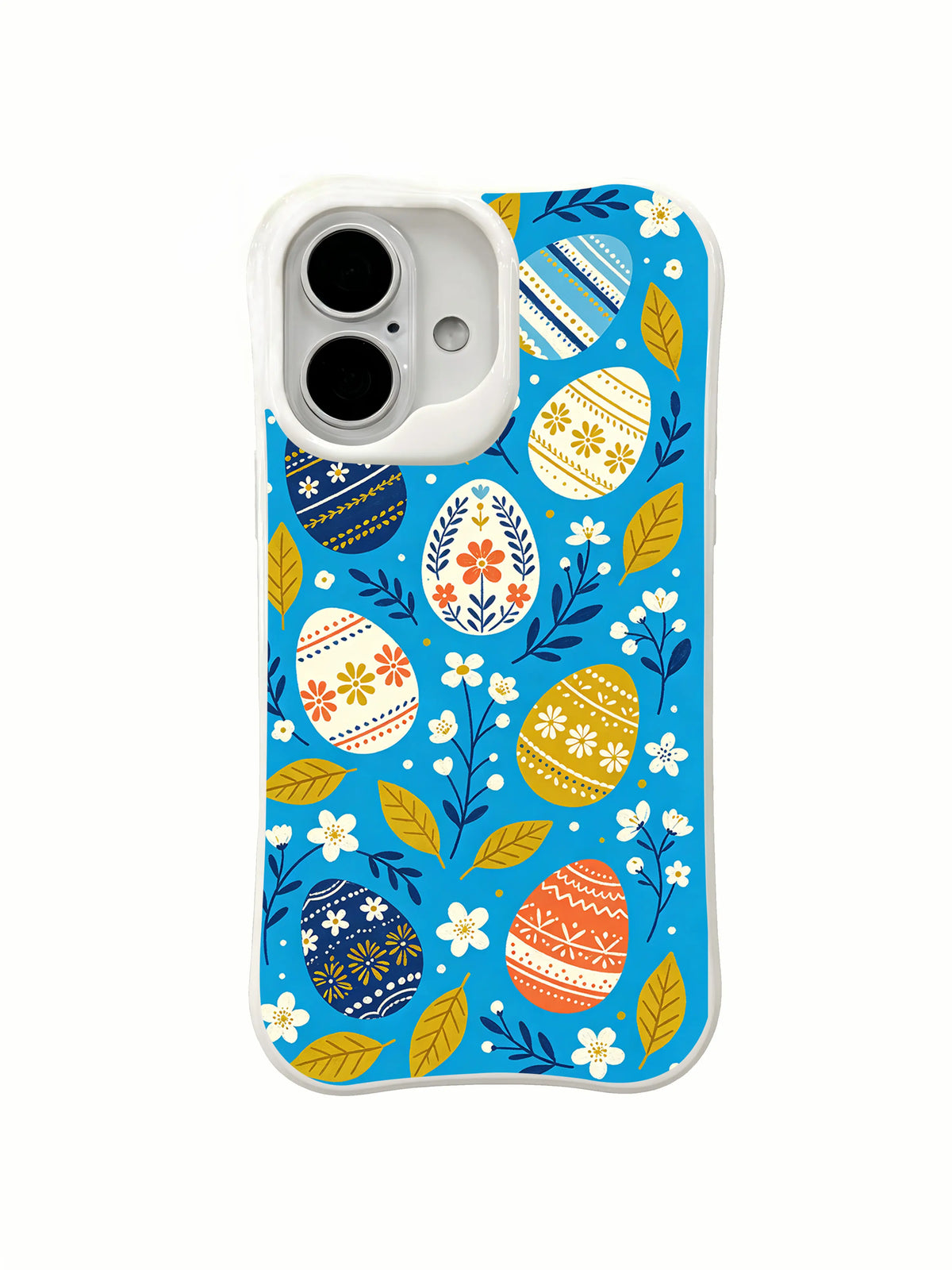 Sunny Orchard Eggs / Sunny Egg Meadow: Cream, mustard, navy and orange eggs with fine floral bands and geometric marks among golden leaves and white blossoms.