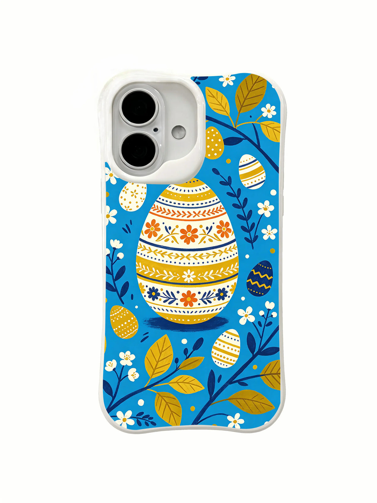 Sunny Orchard Eggs / Grand Orchard Egg: One oversized cream egg with mustard, navy and orange floral bands, framed by smaller eggs and branching golden leaves.