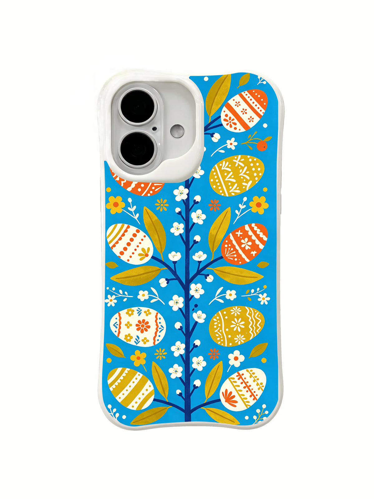 Sunny Orchard Eggs / Golden Egg Tree: A tall navy trunk with white blossoms and golden leaves supporting patterned eggs along upright branches on blue.