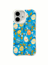 Sunny Orchard Eggs / Orchard Egg Canopy: Patterned eggs nestled among dense curving branches, golden leaves and small white blossoms across a blue field.