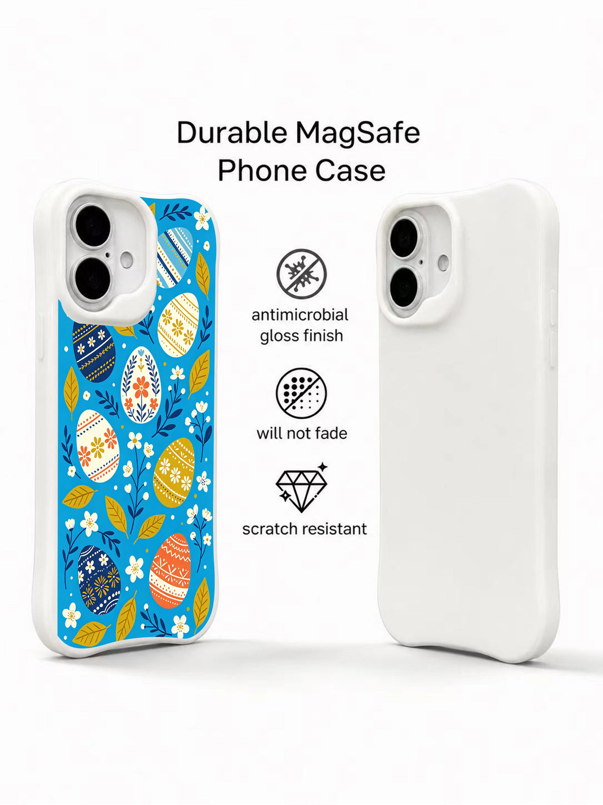 Sunny Orchard Eggs: Illustrated case beside a plain rear phone view.