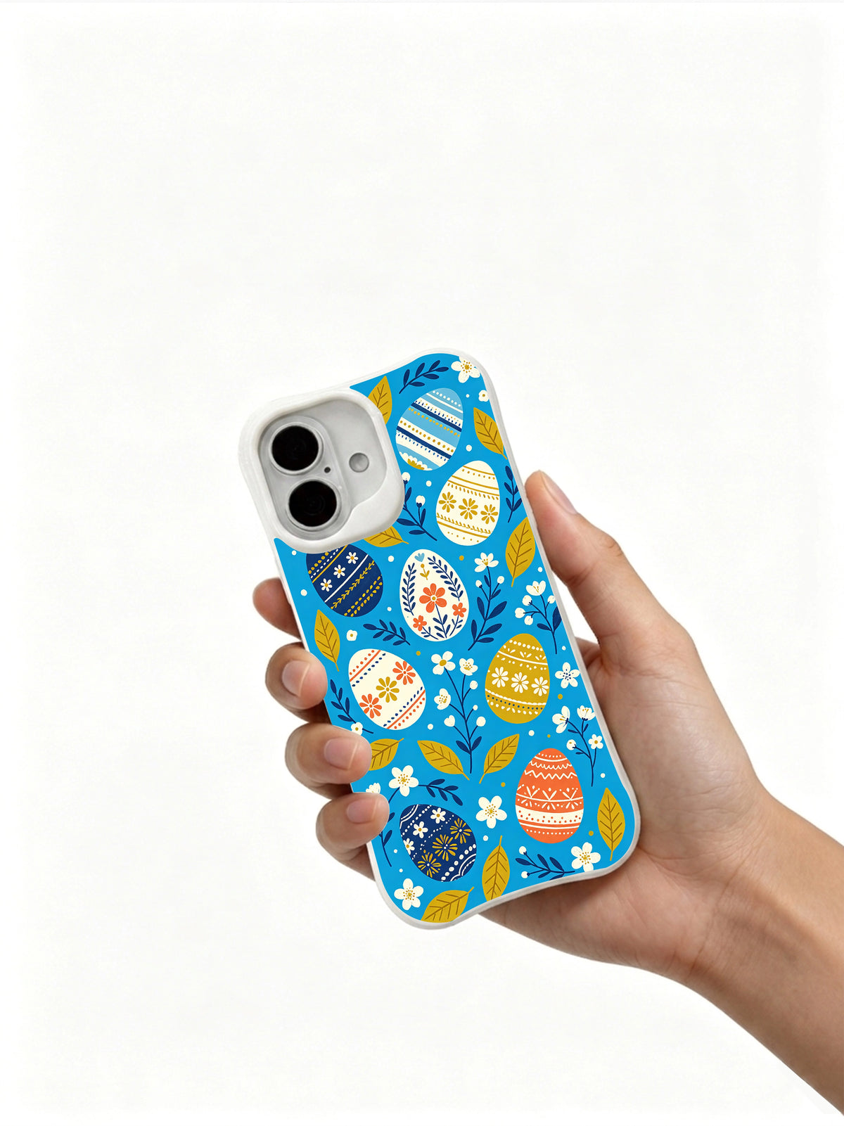 Sunny Orchard Eggs: Hand holding the case with its illustrated back facing outward.