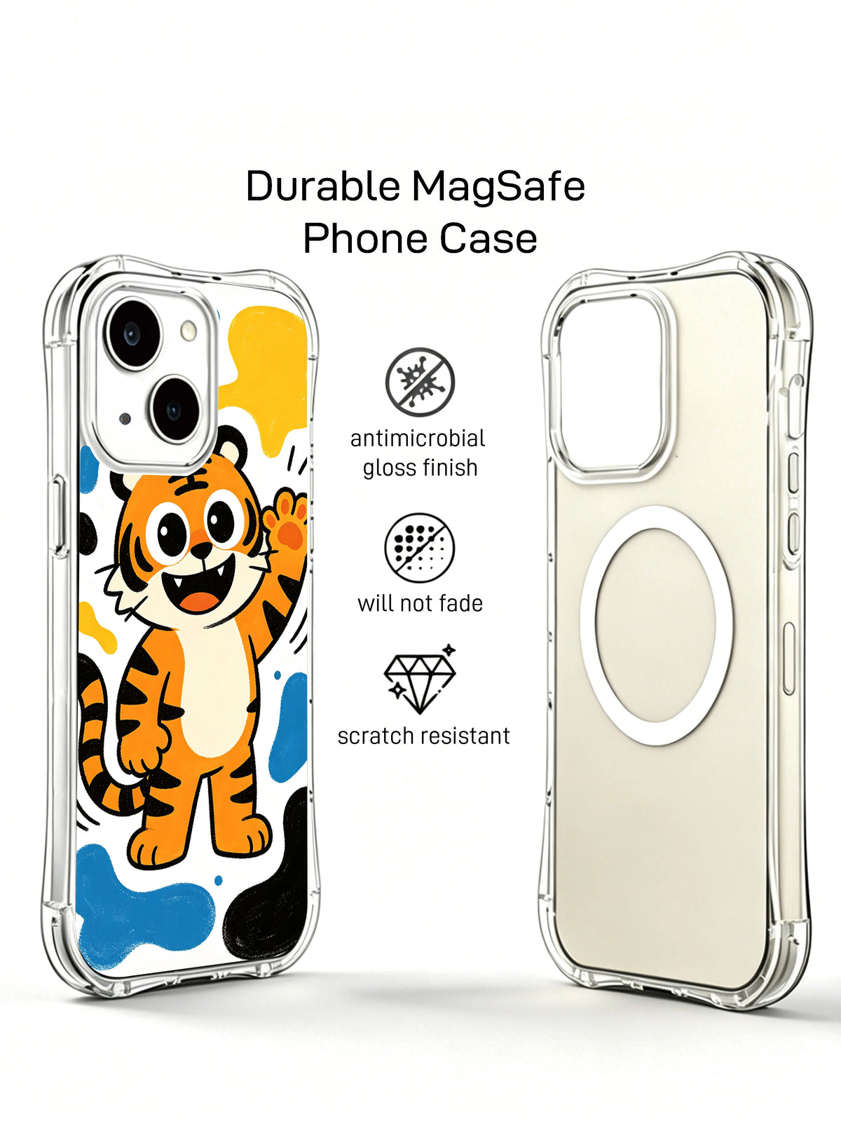 Angled commerce view of Sunny Tiger Smile iPhone 13 case