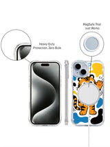 Side profile view of Sunny Tiger Smile iPhone 13 case