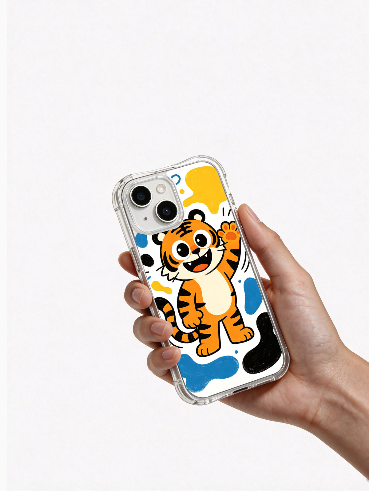 In-hand view of Sunny Tiger Smile iPhone 13 case
