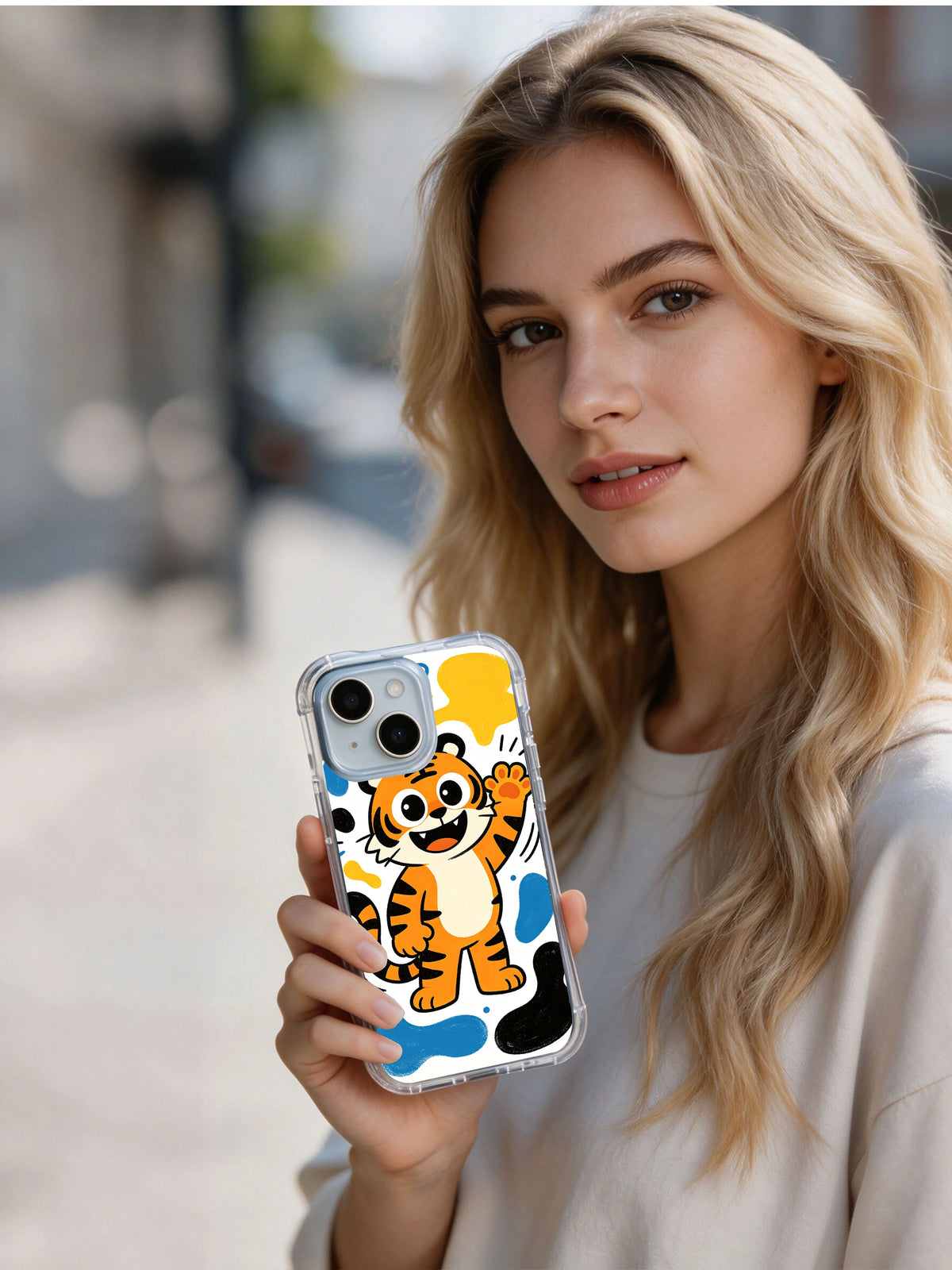 Lifestyle view of Sunny Tiger Smile iPhone 13 case