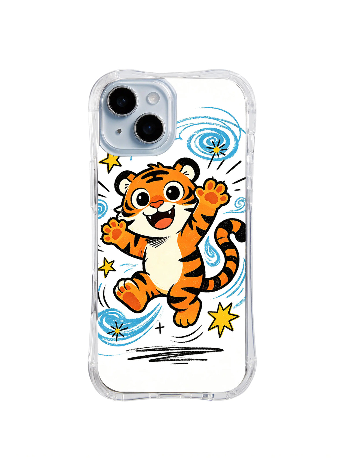 Star Swirl Tiger Jump pattern on a clear iPhone 13 case by Kito Bramble