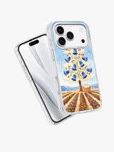 Angled view of Sunrise Bellflower Fir artwork on an iPhone 17 Pro case