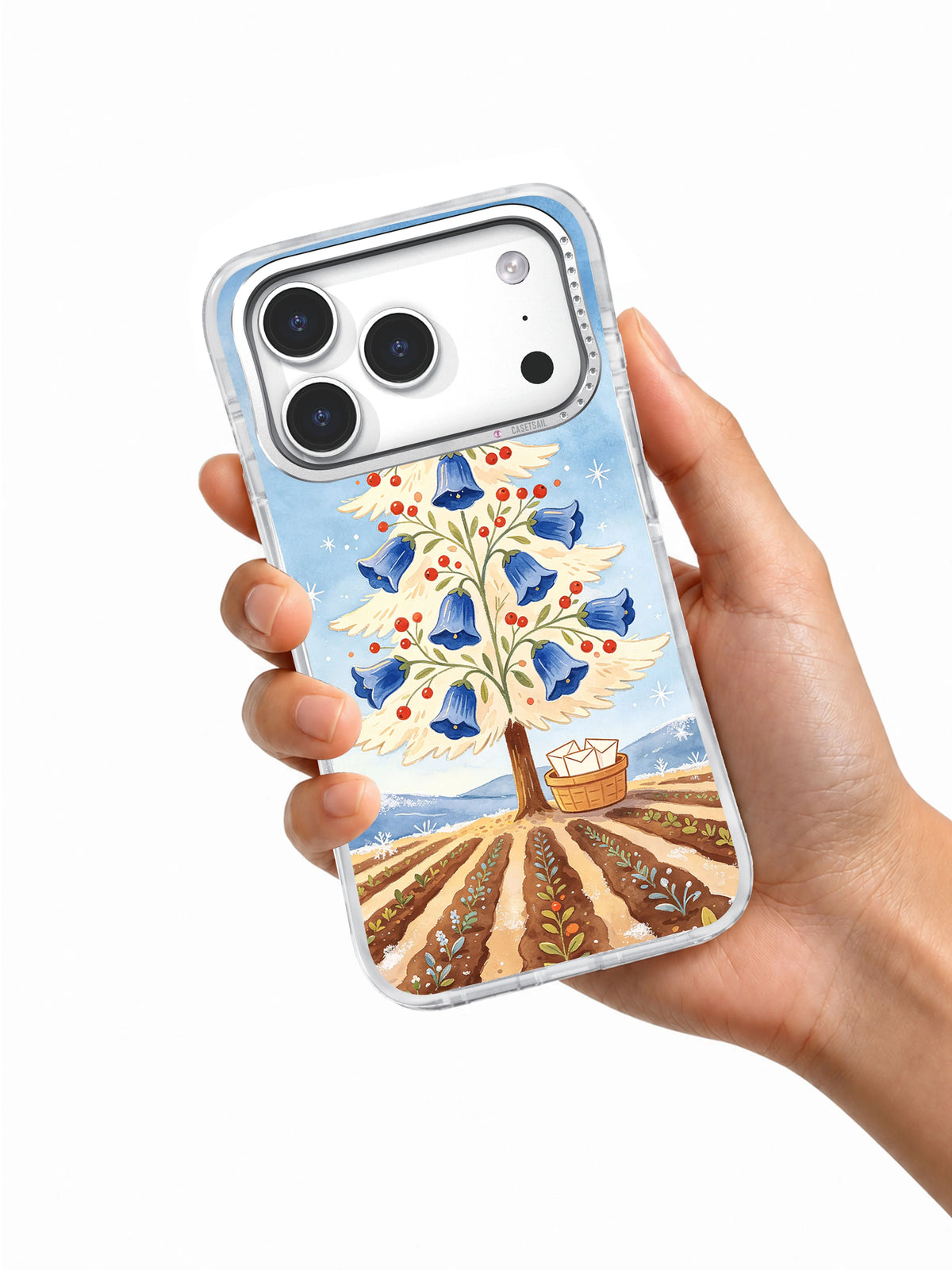 Hand holding Sunrise Bellflower Fir artwork on an iPhone 17 Pro case
