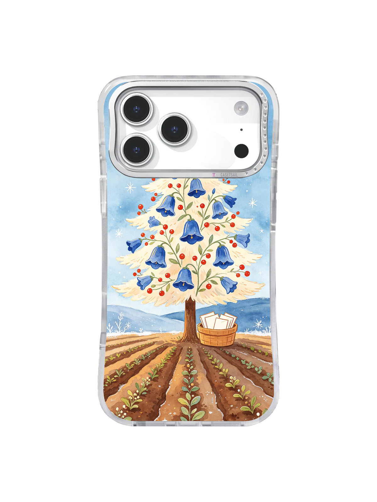Sunrise Bellflower Fir with cobalt blossoms, vermilion berries and apricot sun on iPhone 17 Pro case