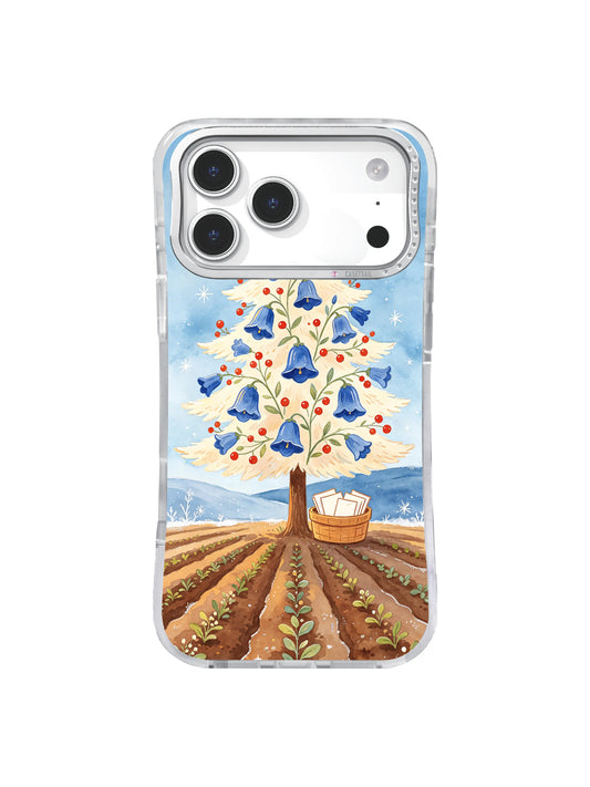 Sunrise Bellflower Fir with cobalt blossoms, vermilion berries and apricot sun on iPhone 17 Pro case