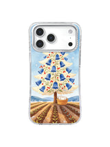 Warm ivory winter tree with blue bellflowers, red berries and cultivated rows on iPhone 17 Pro case