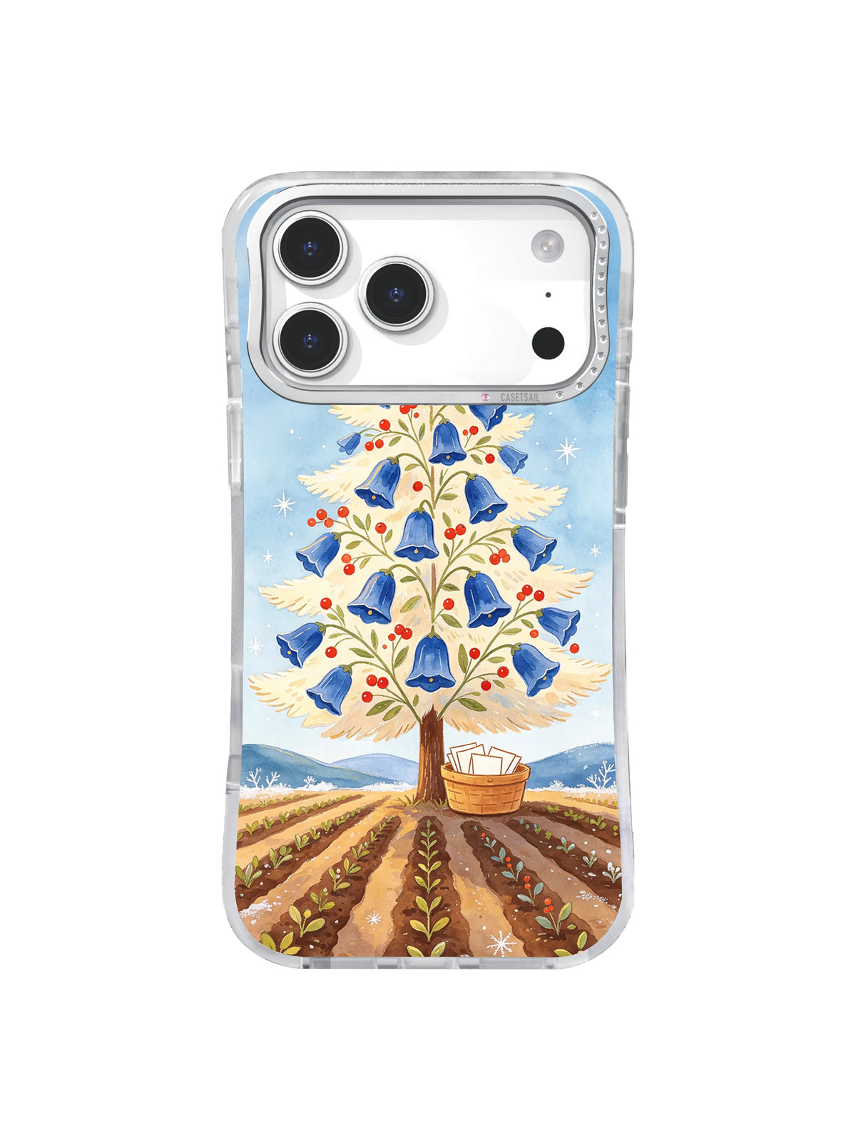 Warm ivory winter tree with blue bellflowers, red berries and cultivated rows on iPhone 17 Pro case