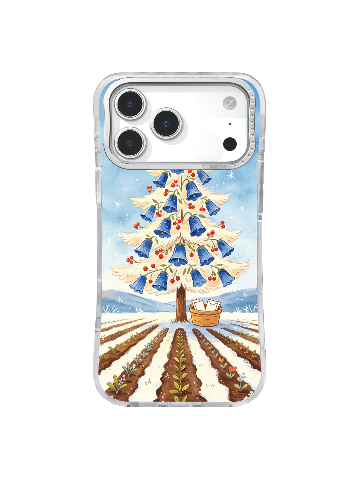 Icy blue sunrise field pattern with bellflower fir and blank seed basket on iPhone 17 Pro case