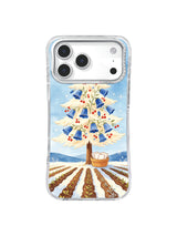 Blue bellflower orchard tree with vermilion fruit and snowy farm rows on iPhone 17 Pro case