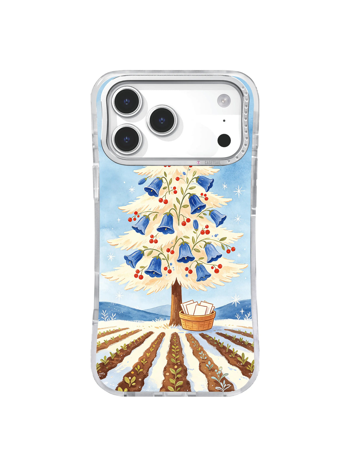 Blue bellflower orchard tree with vermilion fruit and snowy farm rows on iPhone 17 Pro case