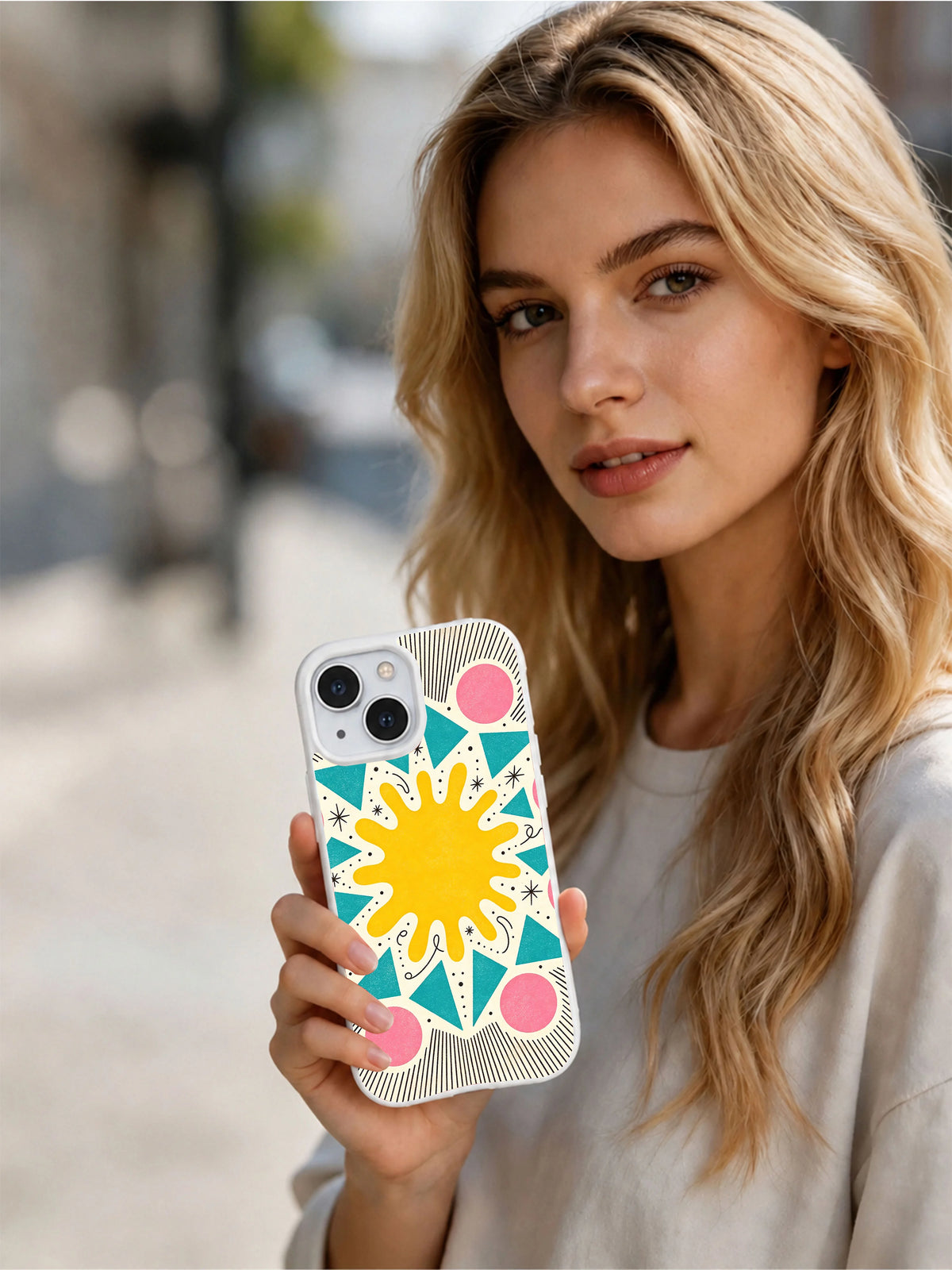 Sunrise Geometry Garden iPhone 15 case lifestyle