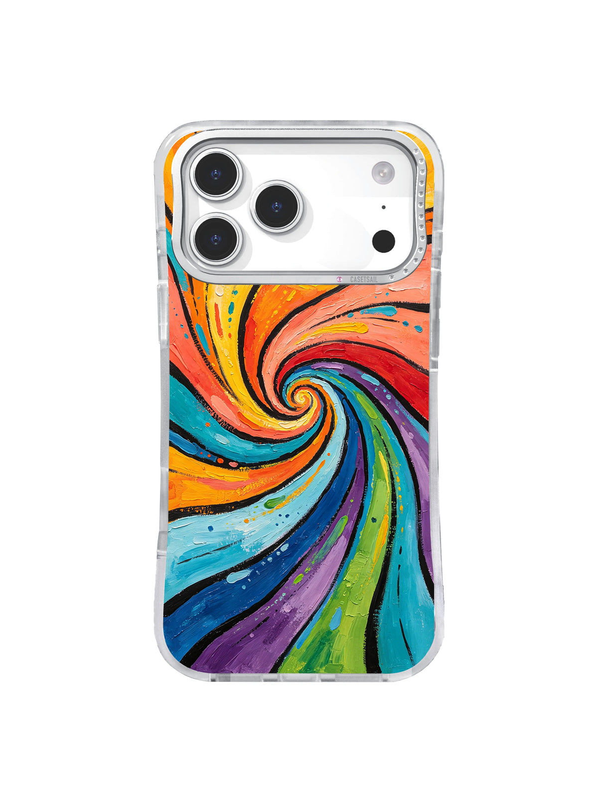 Coral Sunrise Vortex: Coral, yellow, turquoise, navy and purple bands twist into a vortex.