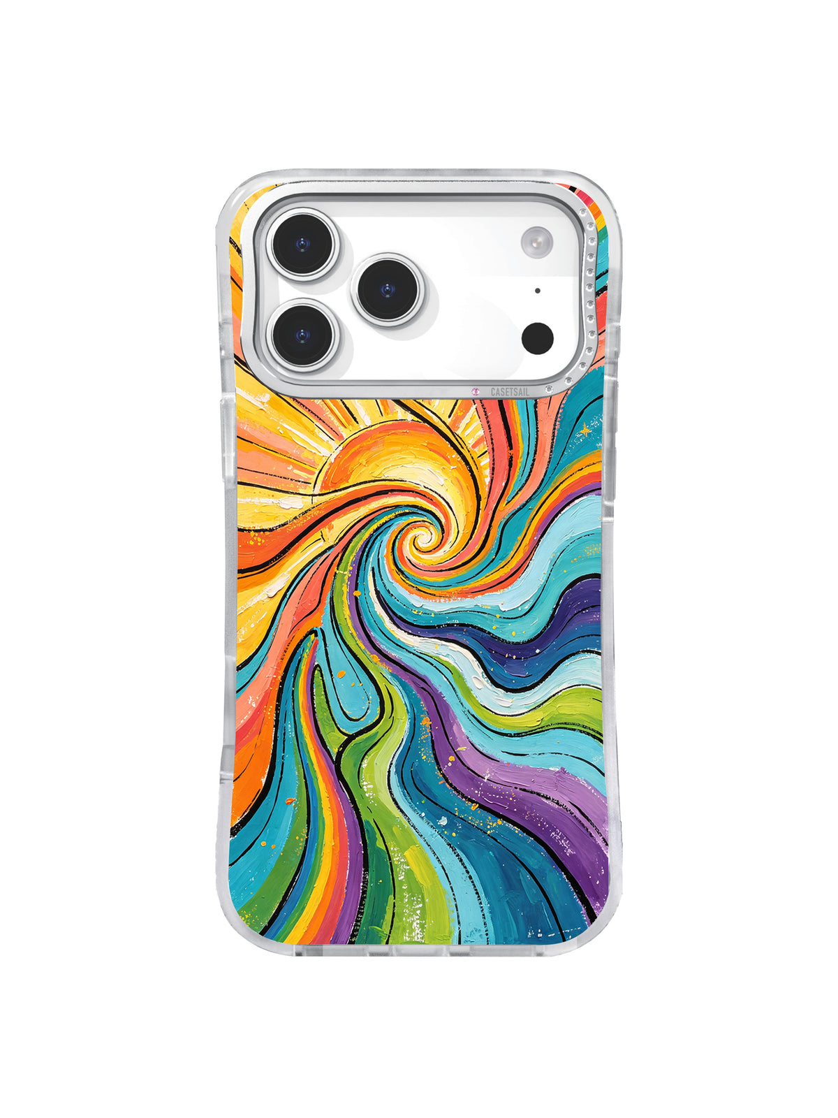 Golden Dawn Current: Yellow, orange, turquoise and purple currents curl into a sunrise spiral.