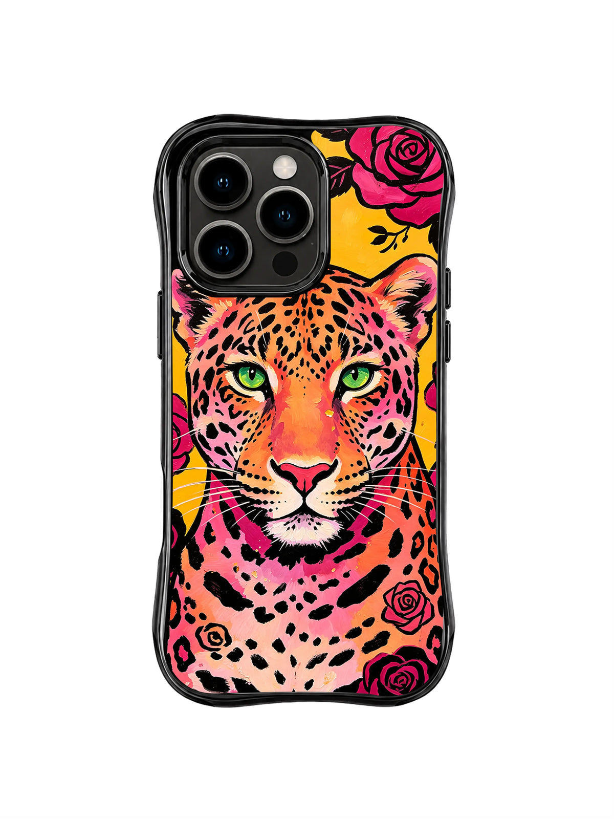 Coral pink jaguar with green eyes and outlined roses around portrait on yellow iPhone 13 Pro Max case