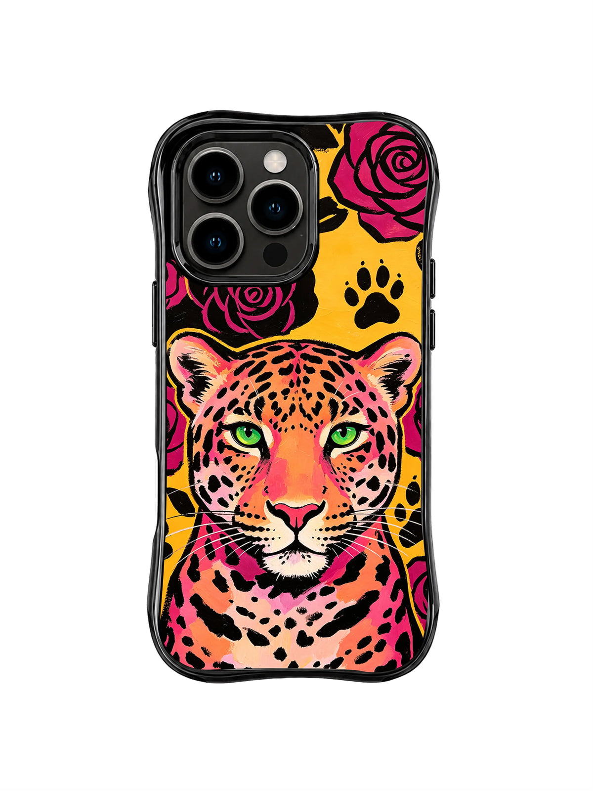Pink jaguar portrait beneath a rose and black paw print on golden iPhone 13 Pro Max case