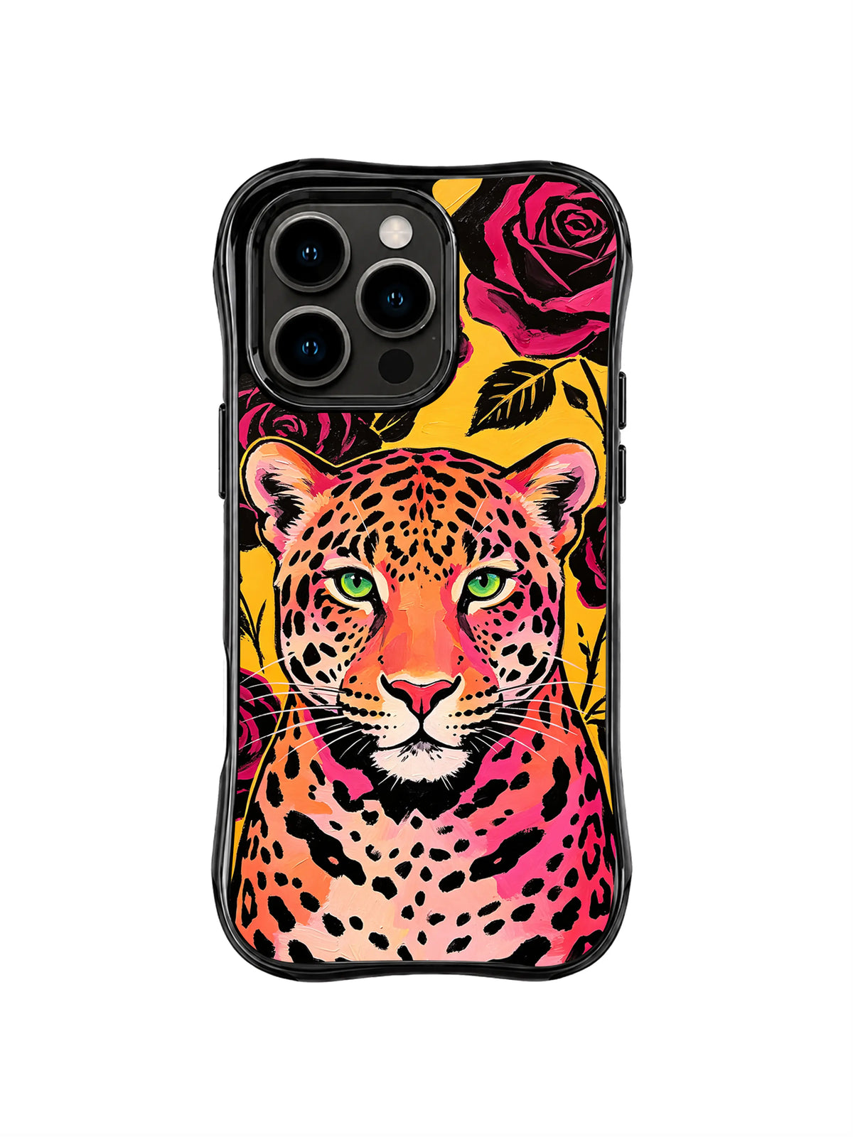 Coral jaguar portrait with large dark pink rose and black leaves on yellow iPhone 13 Pro Max case